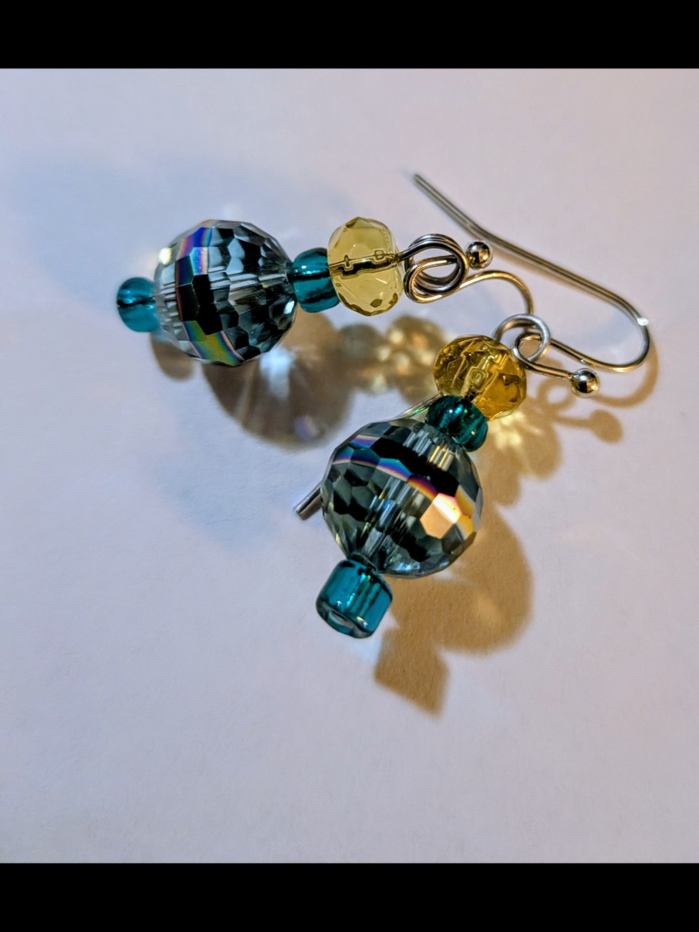 Teal and Yellow Crystal Bead Drop Earrings